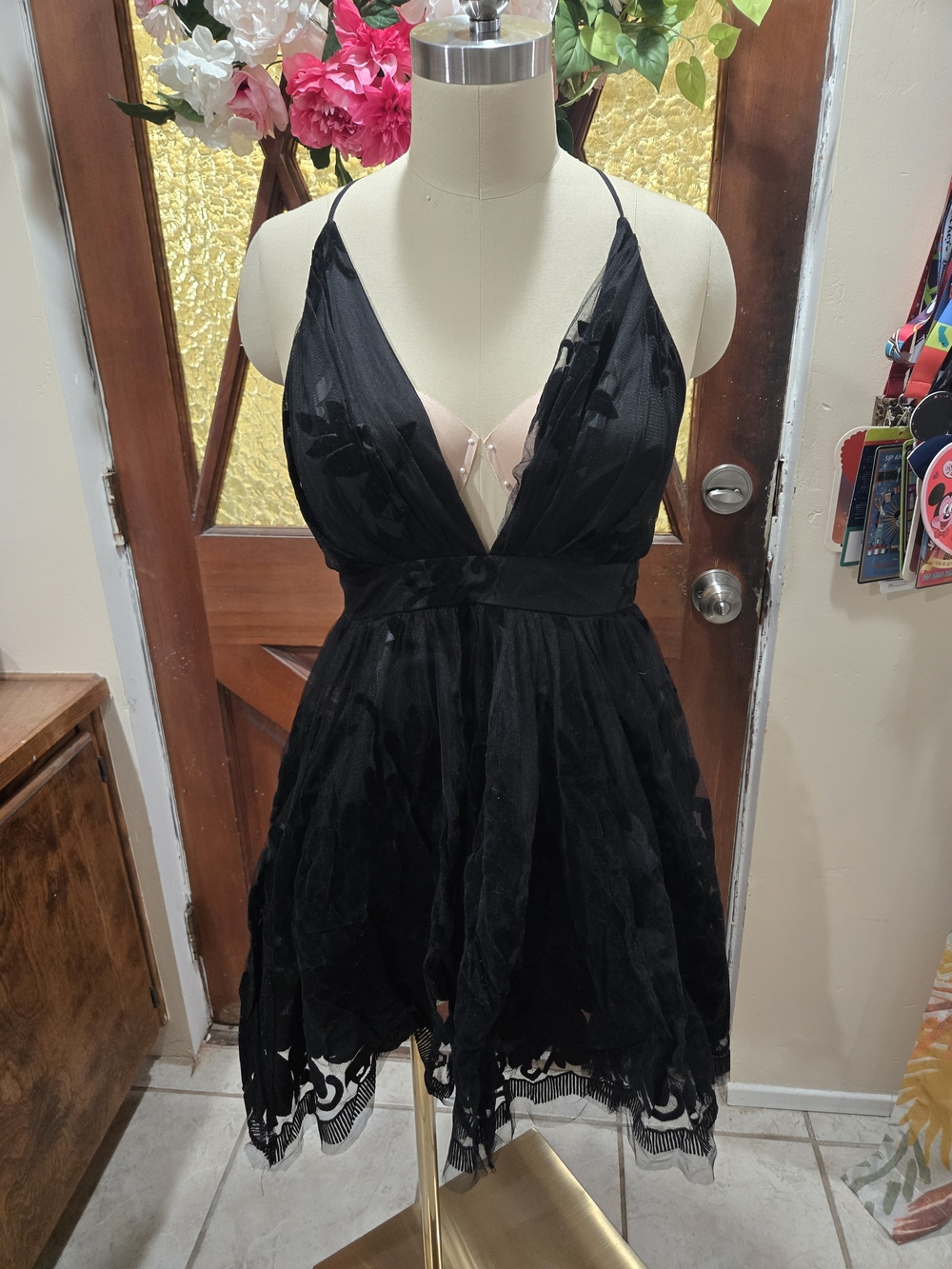 NWT Black Lace Mini Dress with Deep V Neck